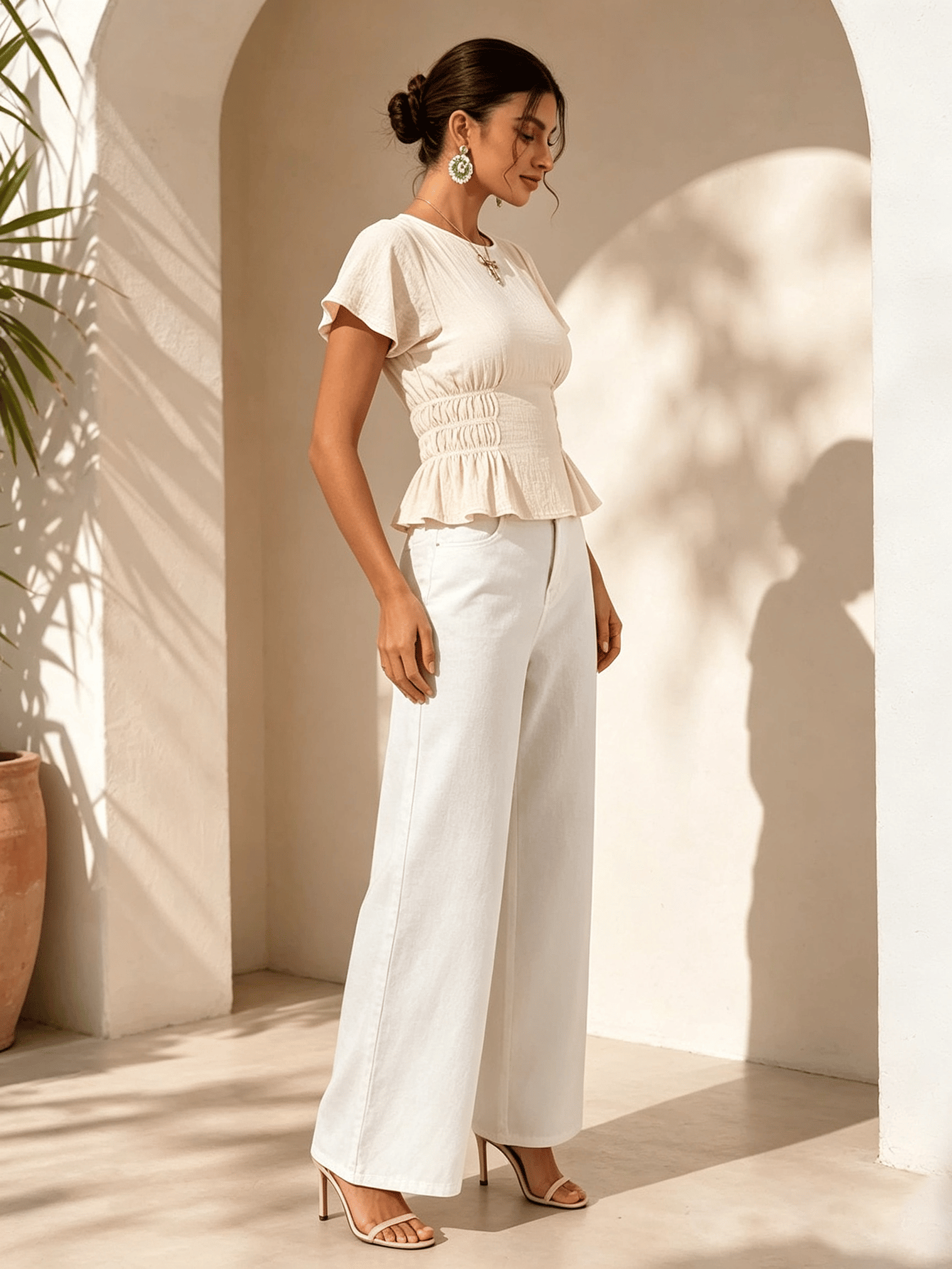 Beige Texture Round Neck Top