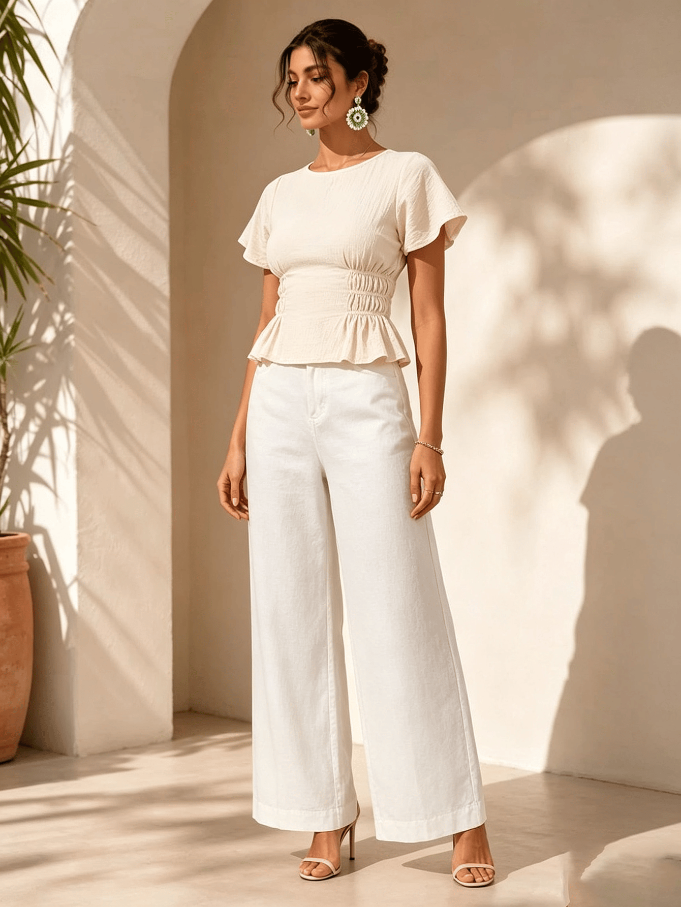 Beige Texture Round Neck Top