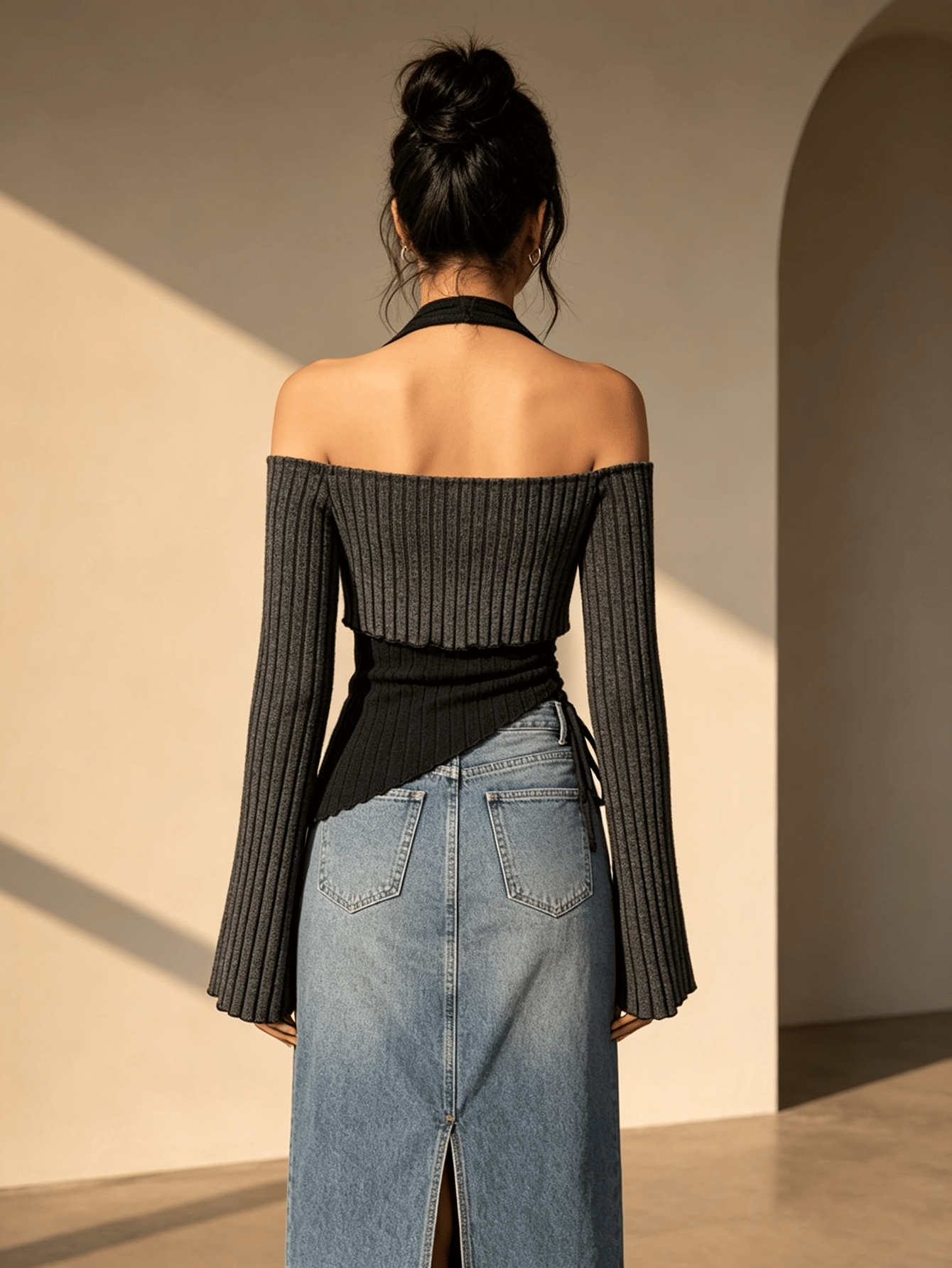 Grey Striped Halter Neck Top