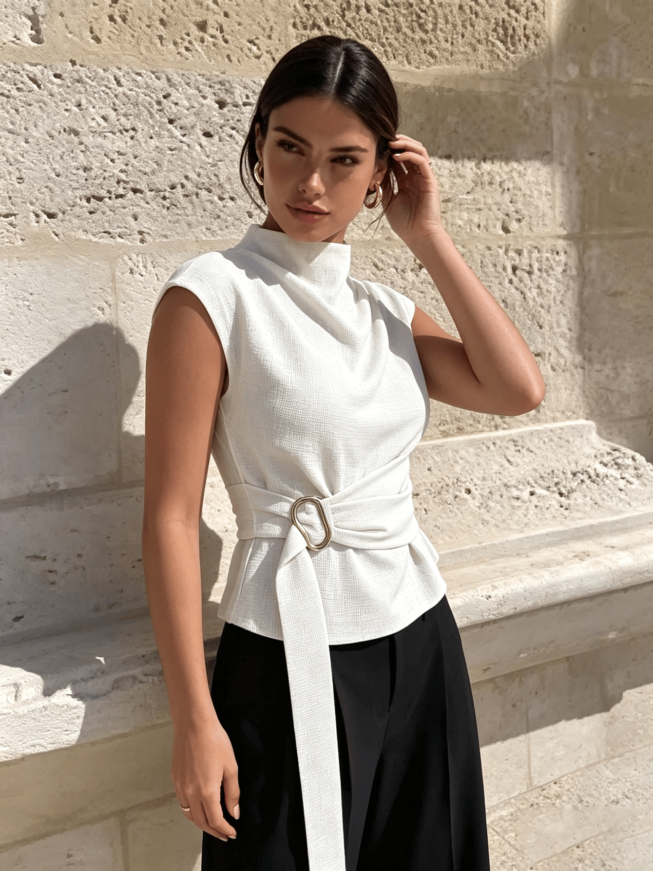 White Solid High Neck Top