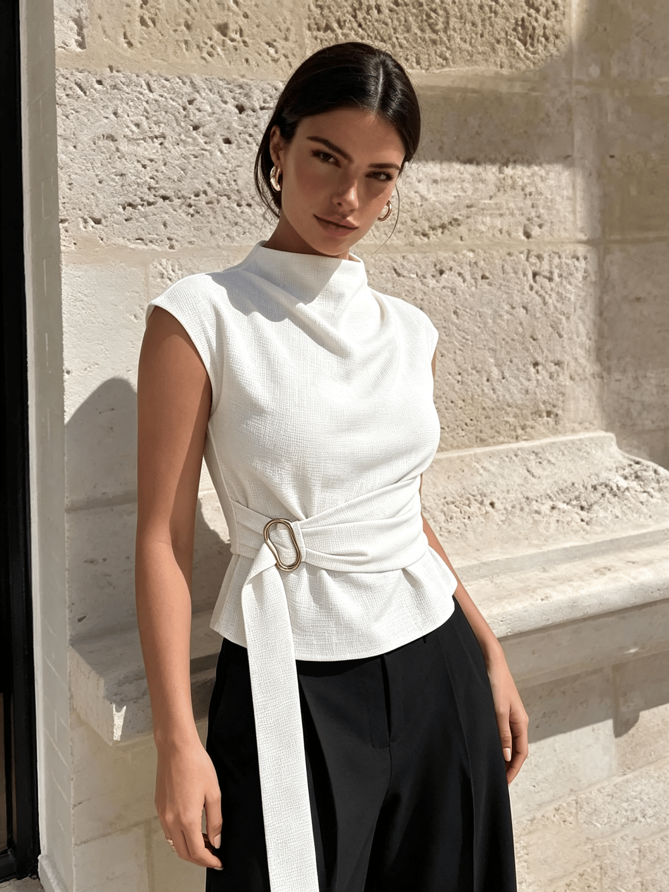 White Solid High Neck Top