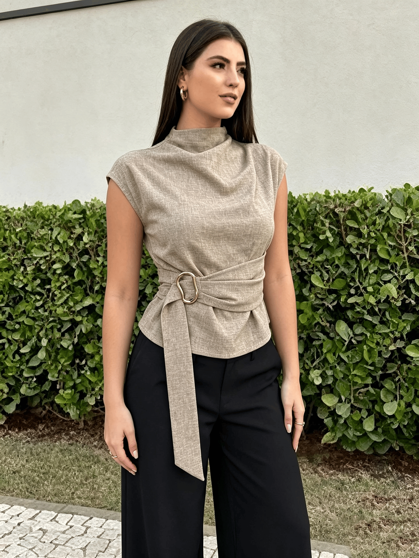 Brown Solid High Neck Top