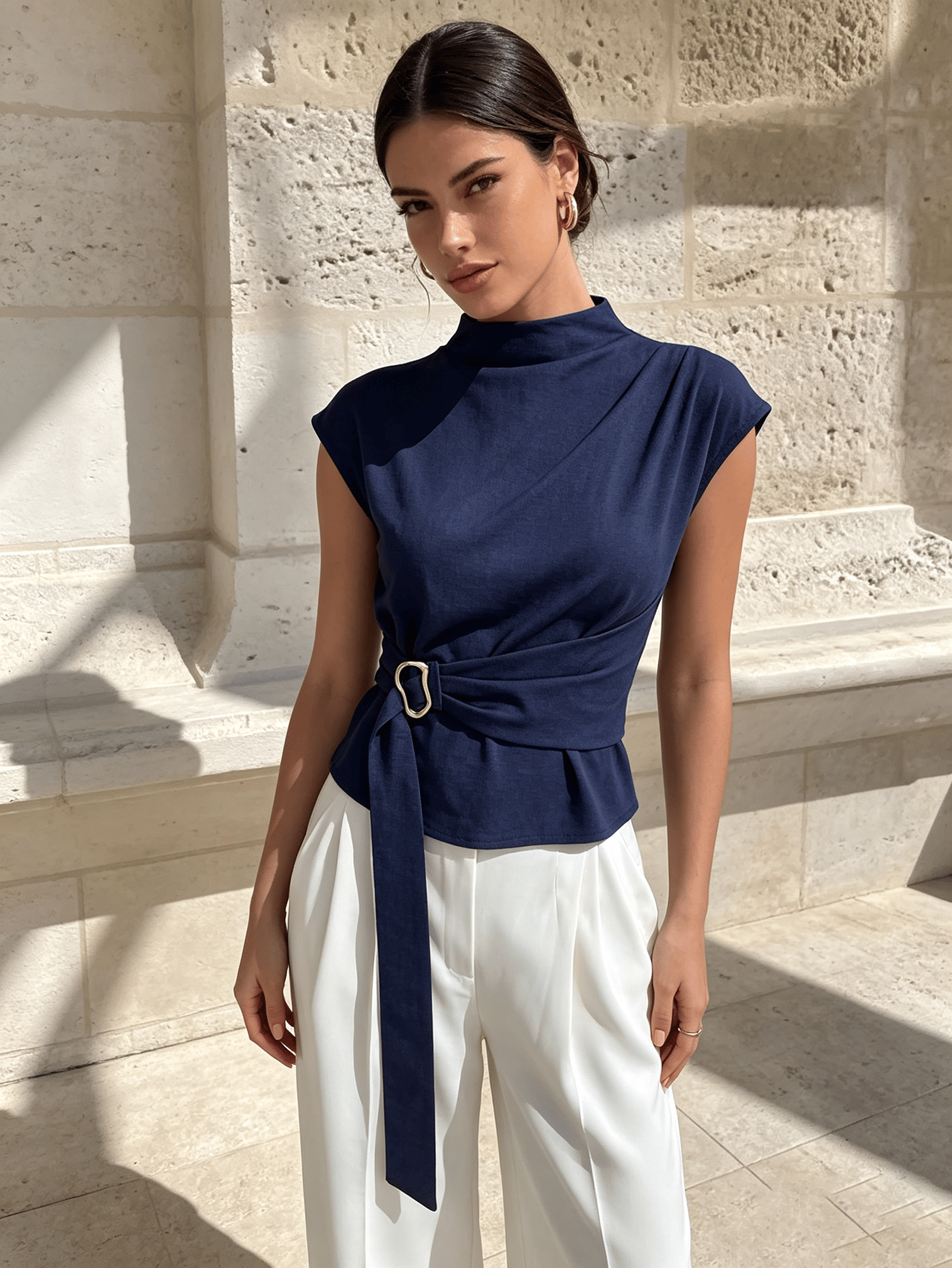 Dark Blue Solid High Neck Top