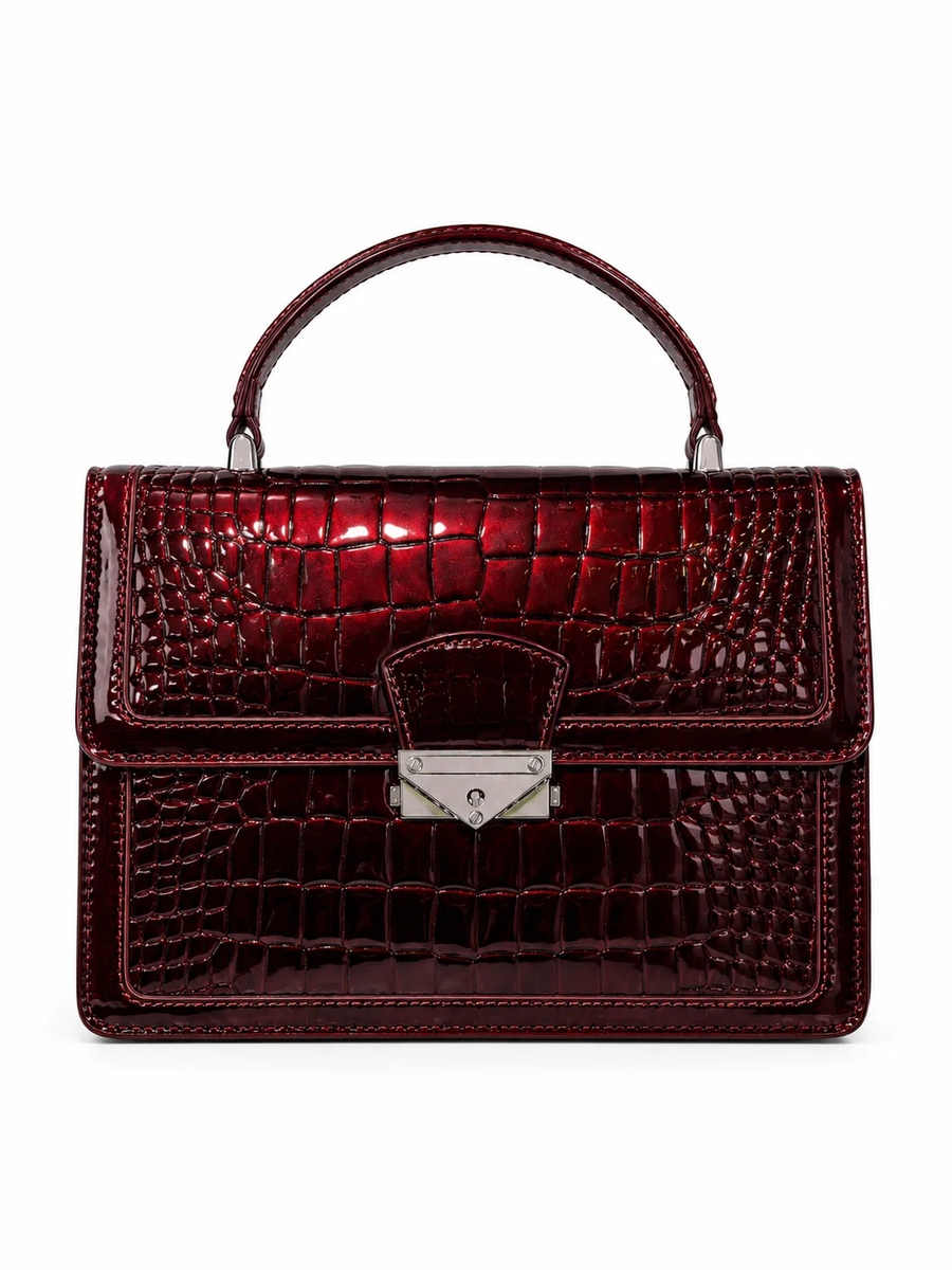 Burgundy Croc-Texture Top Handle Handbag