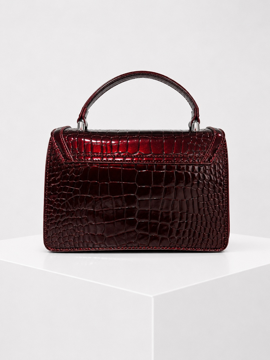 Burgundy Croc-Texture Top Handle Handbag