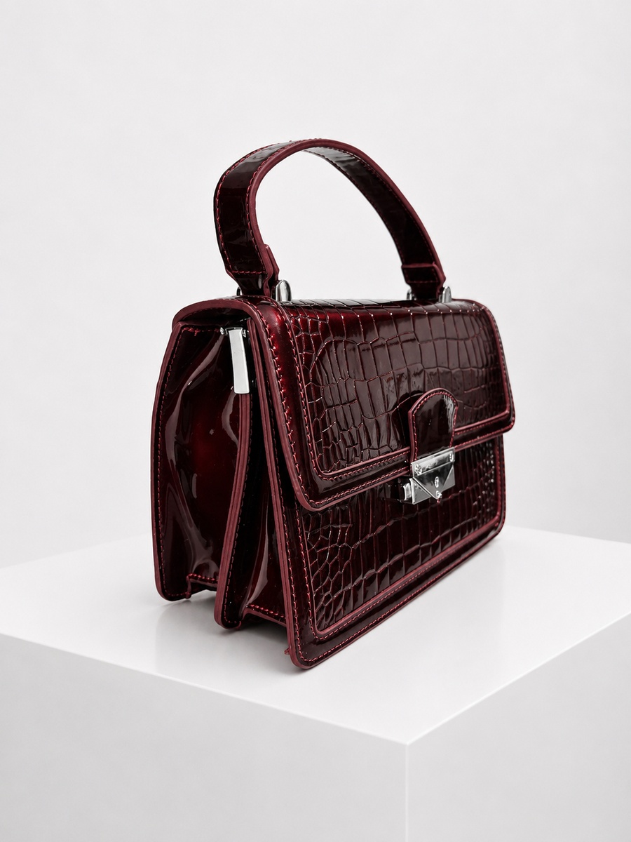 Burgundy Croc-Texture Top Handle Handbag