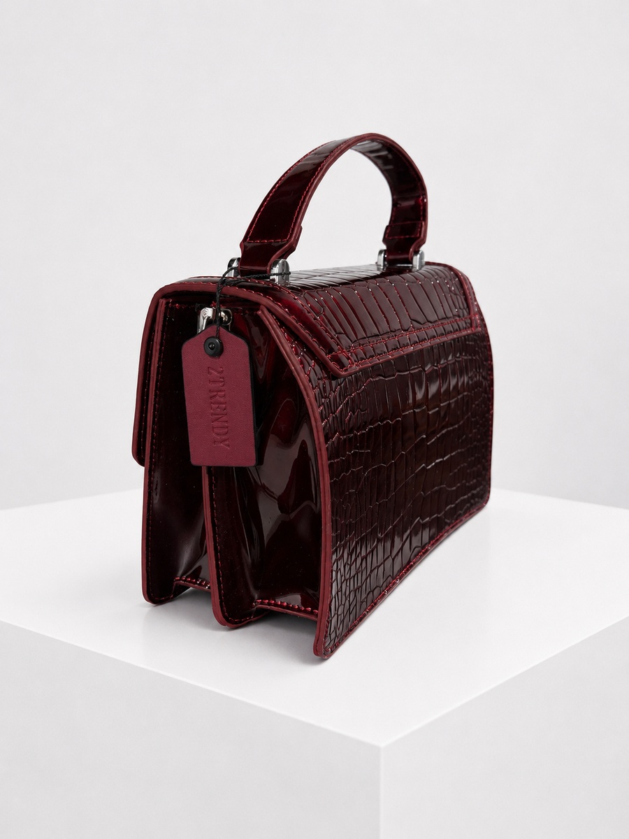 Burgundy Croc-Texture Top Handle Handbag