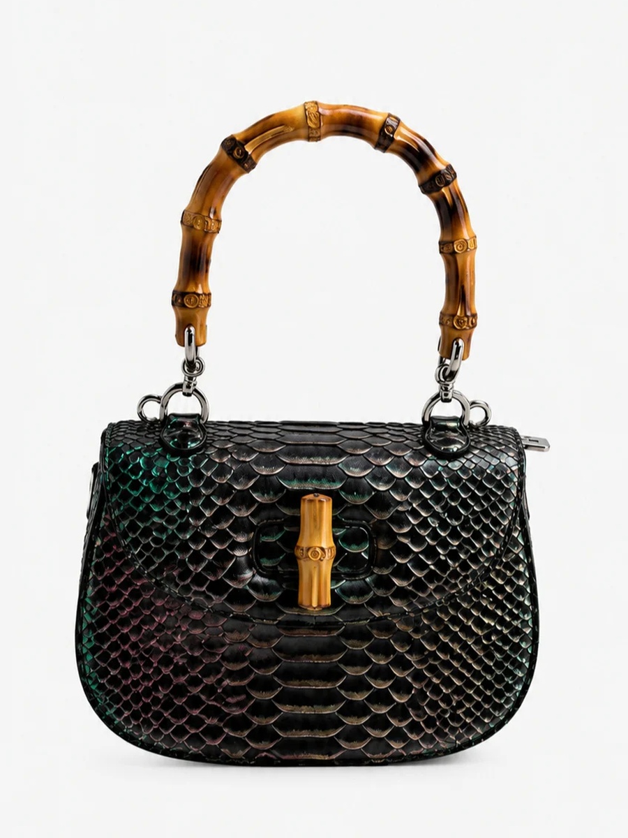 Black Snake-Texture Handbag with Bamboo Handle