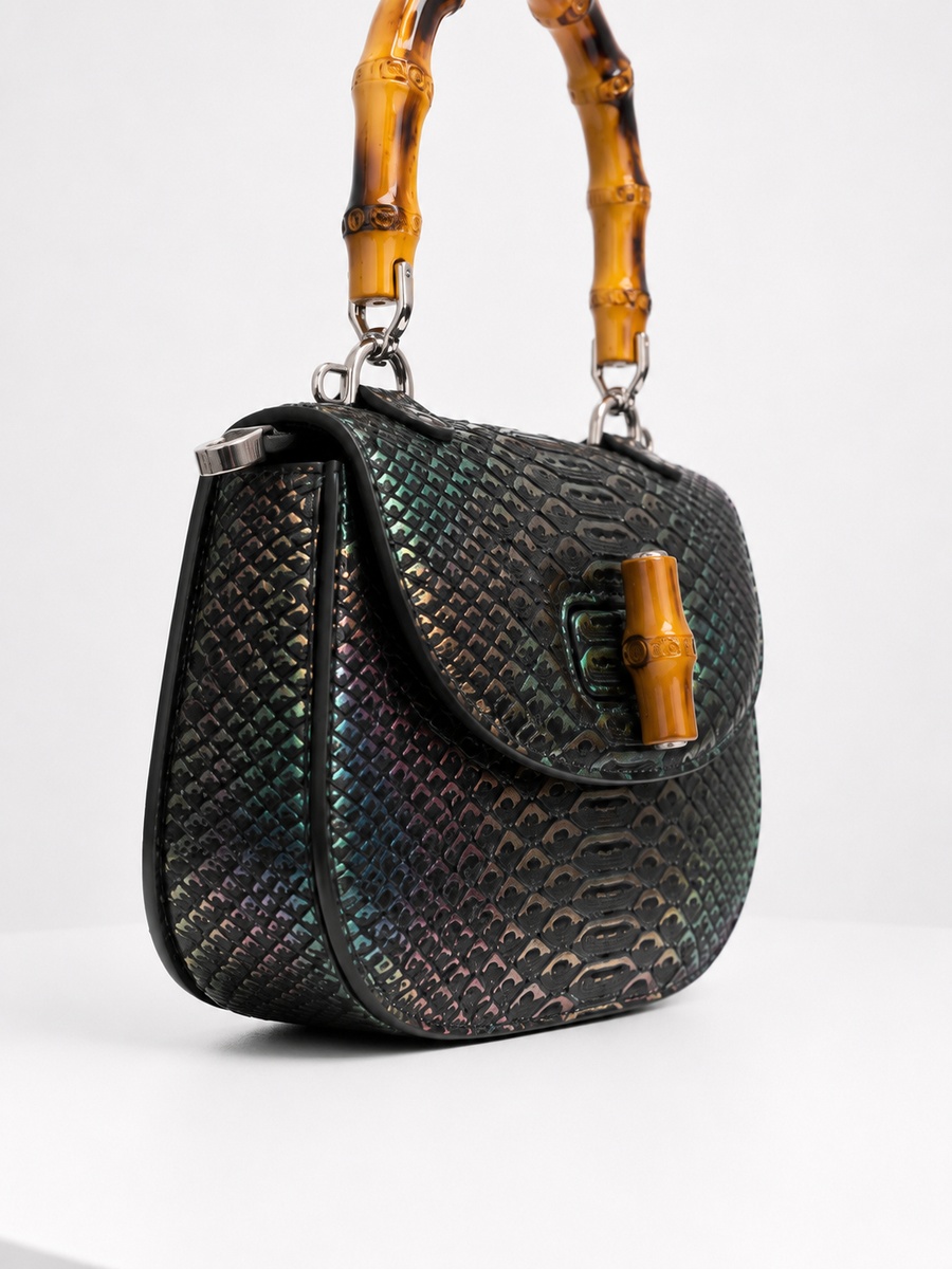 Black Snake-Texture Handbag with Bamboo Handle