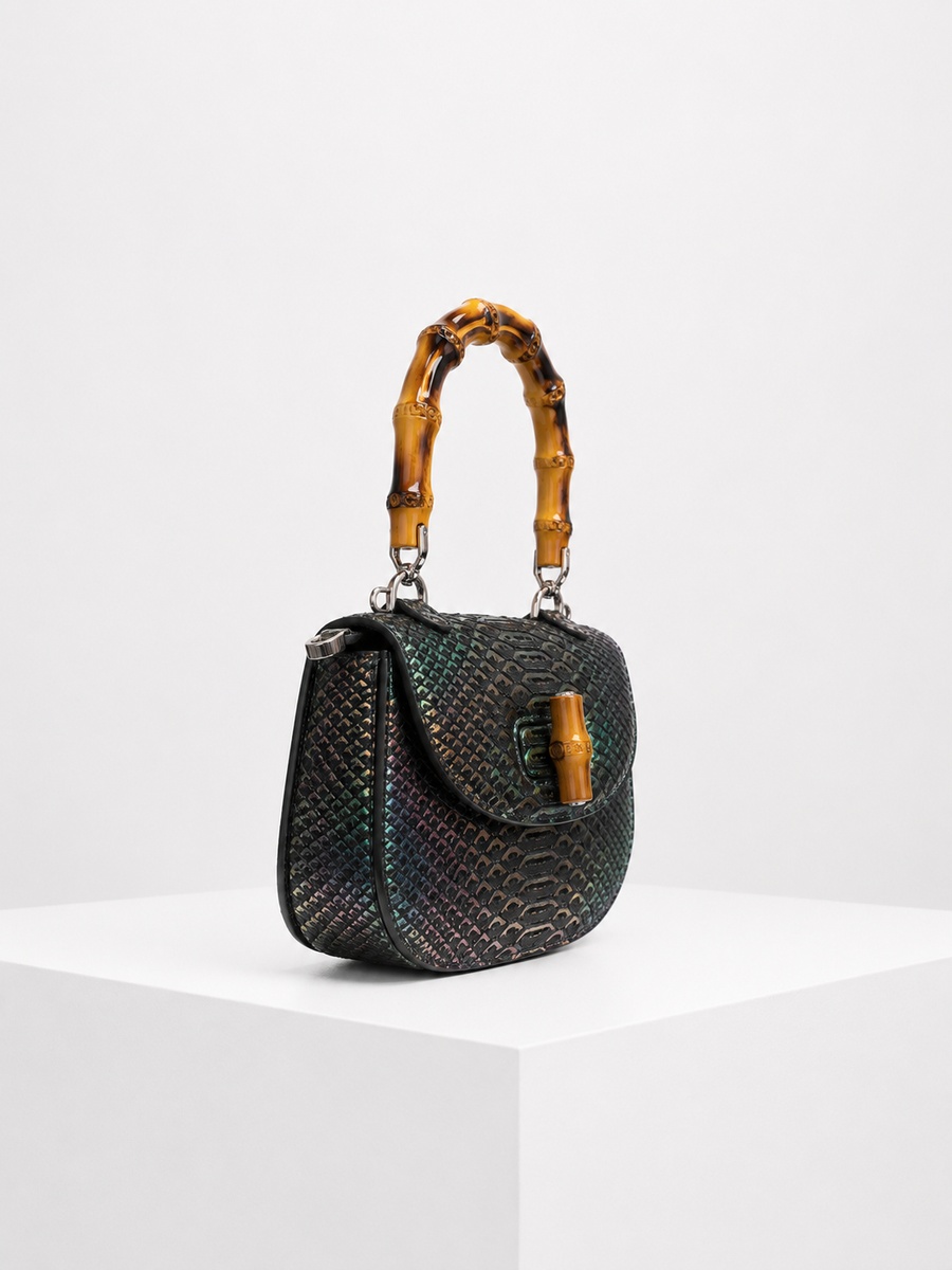 Black Snake-Texture Handbag with Bamboo Handle