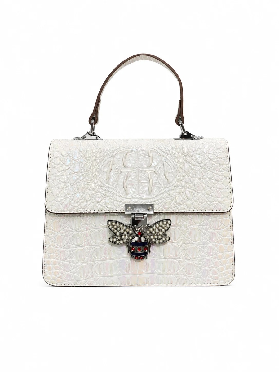 White Croc-Texture Top Handle Handbag with Bee Charm