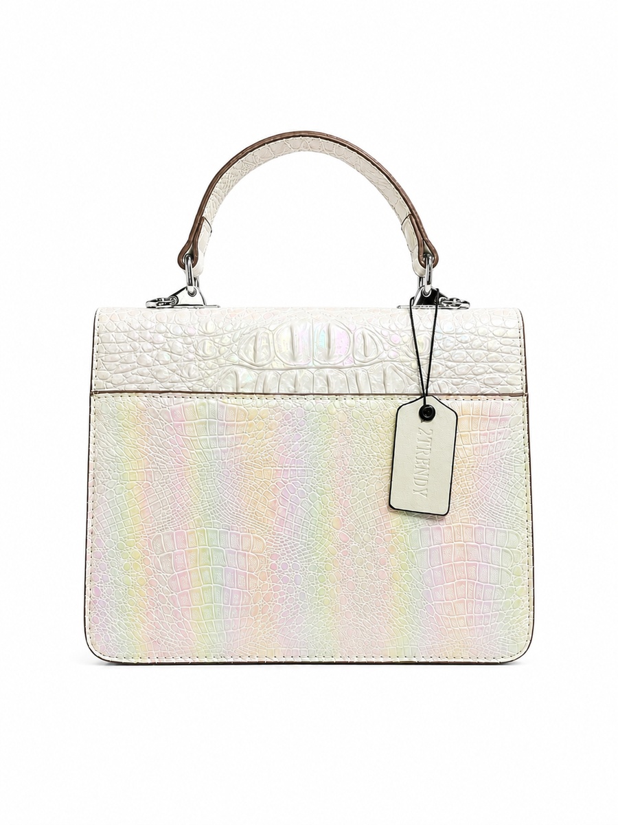 White Croc-Texture Top Handle Handbag with Bee Charm