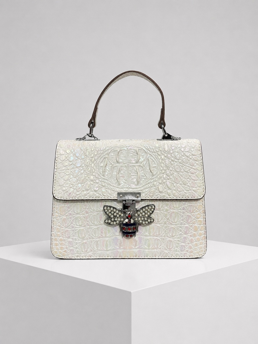 White Croc-Texture Top Handle Handbag with Bee Charm