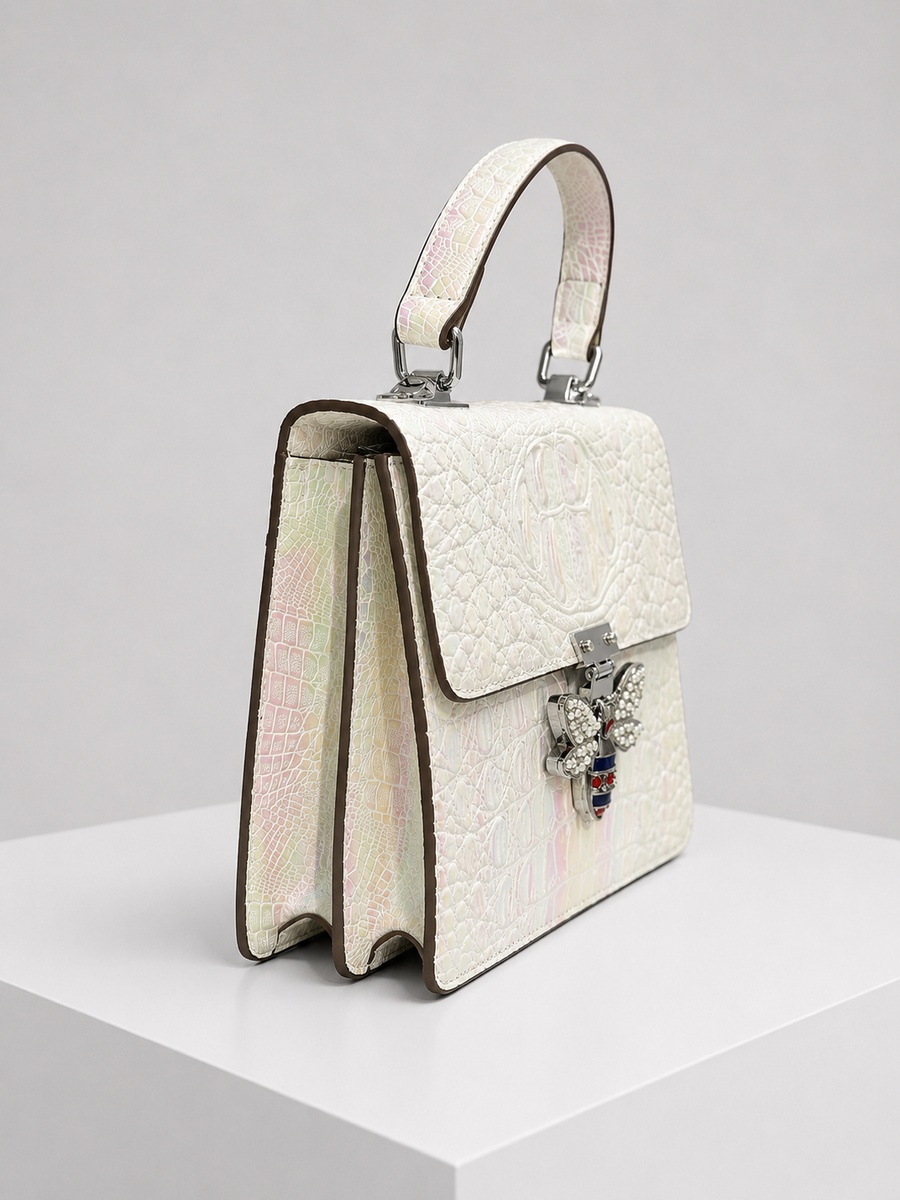 White Croc-Texture Top Handle Handbag with Bee Charm