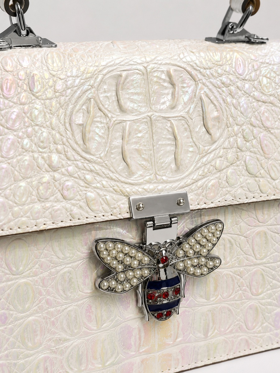 White Croc-Texture Top Handle Handbag with Bee Charm