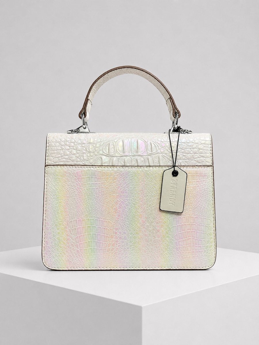 White Croc-Texture Top Handle Handbag with Bee Charm