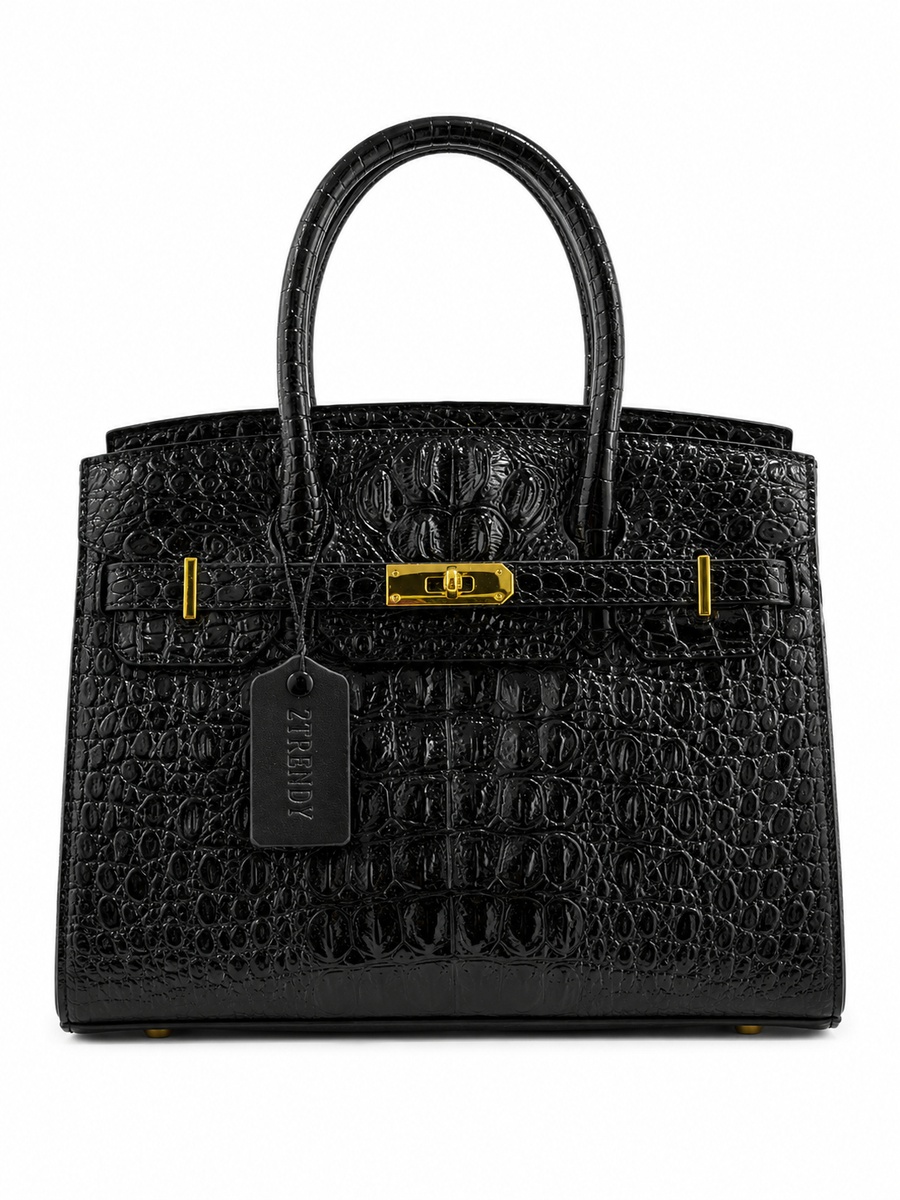 Black Snake-Texture Top Handle Handbag with Gold Lock