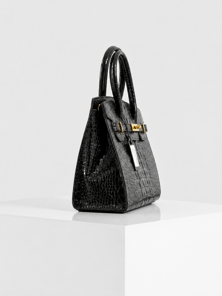 Black Snake-Texture Top Handle Handbag with Gold Lock
