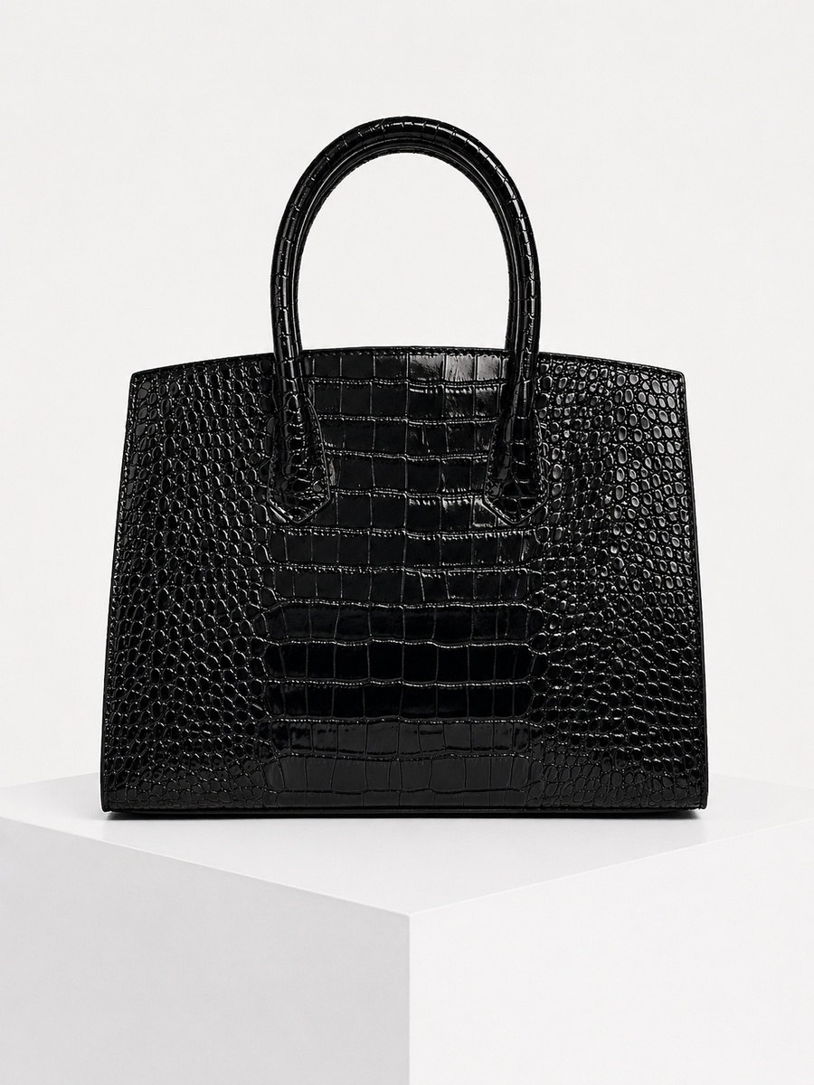 Black Snake-Texture Top Handle Handbag with Gold Lock