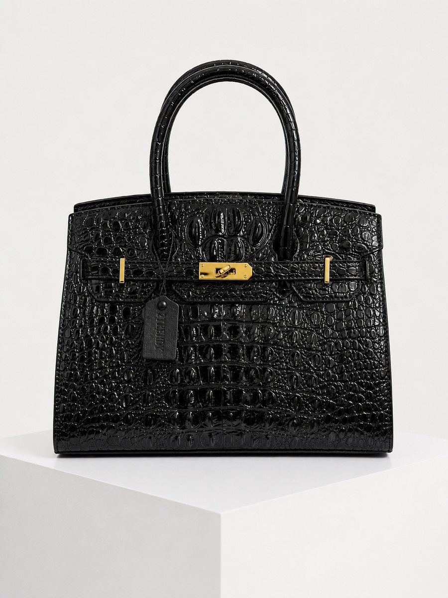 Black Snake-Texture Top Handle Handbag with Gold Lock