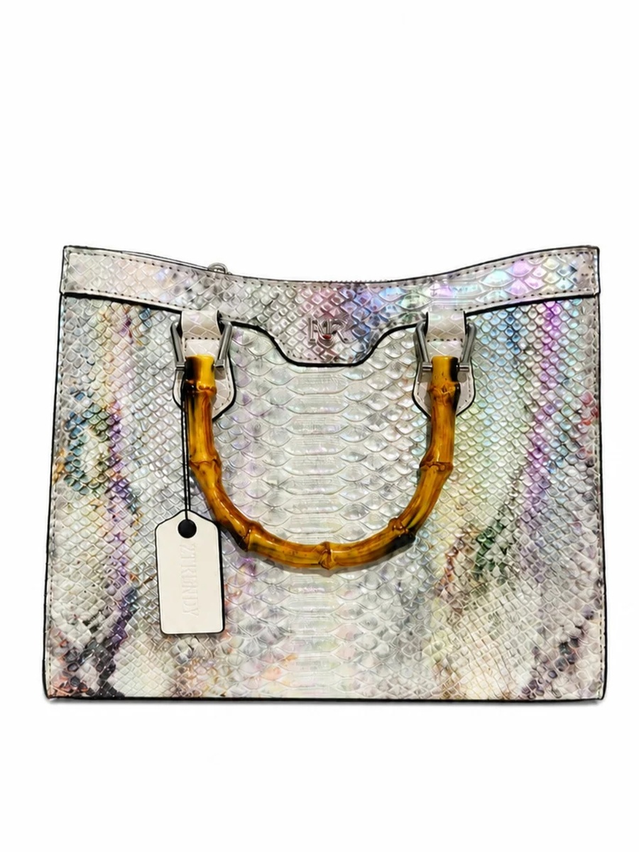 Snake-Texture Top Handle Handbag with Bamboo Handle