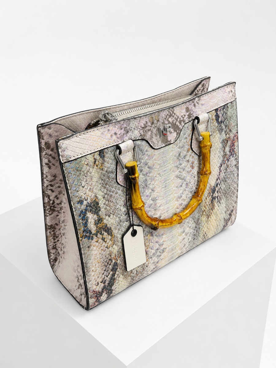 Snake-Texture Top Handle Handbag with Bamboo Handle