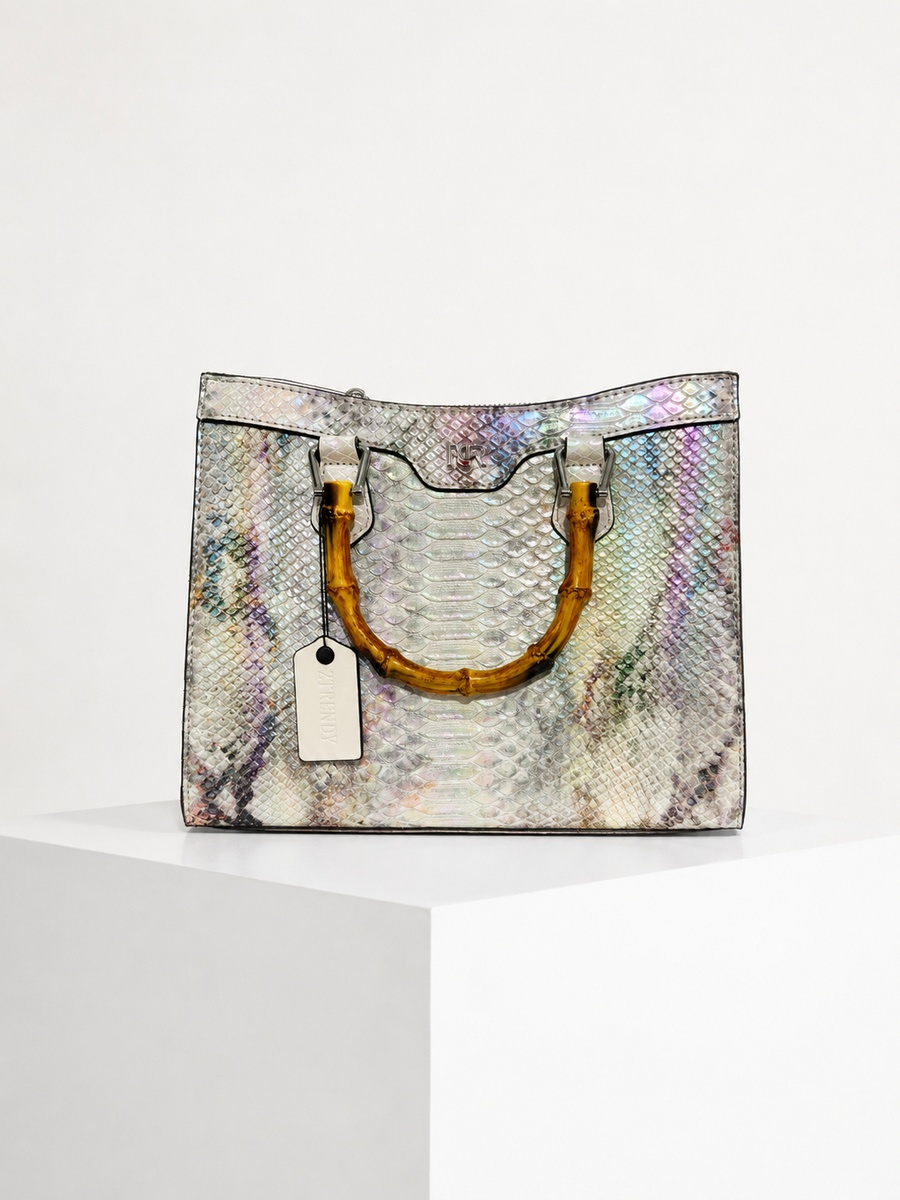Snake-Texture Top Handle Handbag with Bamboo Handle