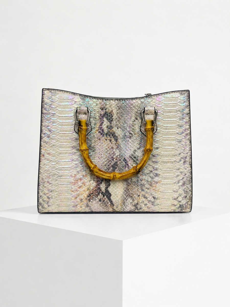 Snake-Texture Top Handle Handbag with Bamboo Handle