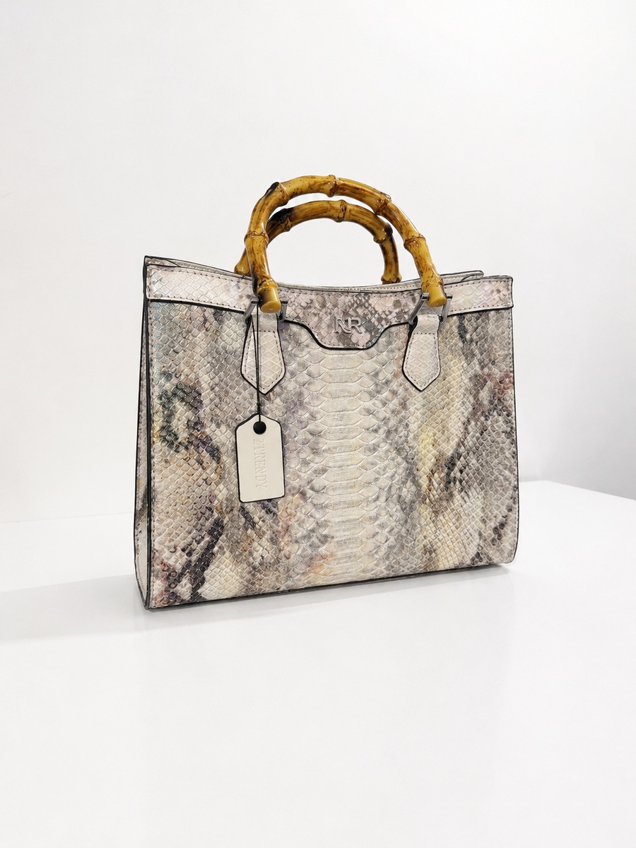Snake-Texture Top Handle Handbag with Bamboo Handle