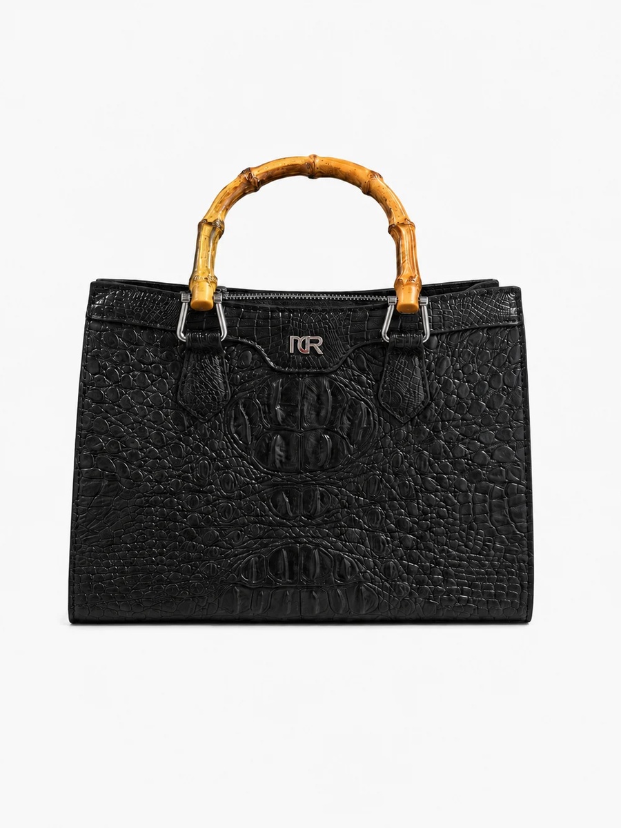 Black Top Handle Handbag with Bamboo Handle and Snake Texture
