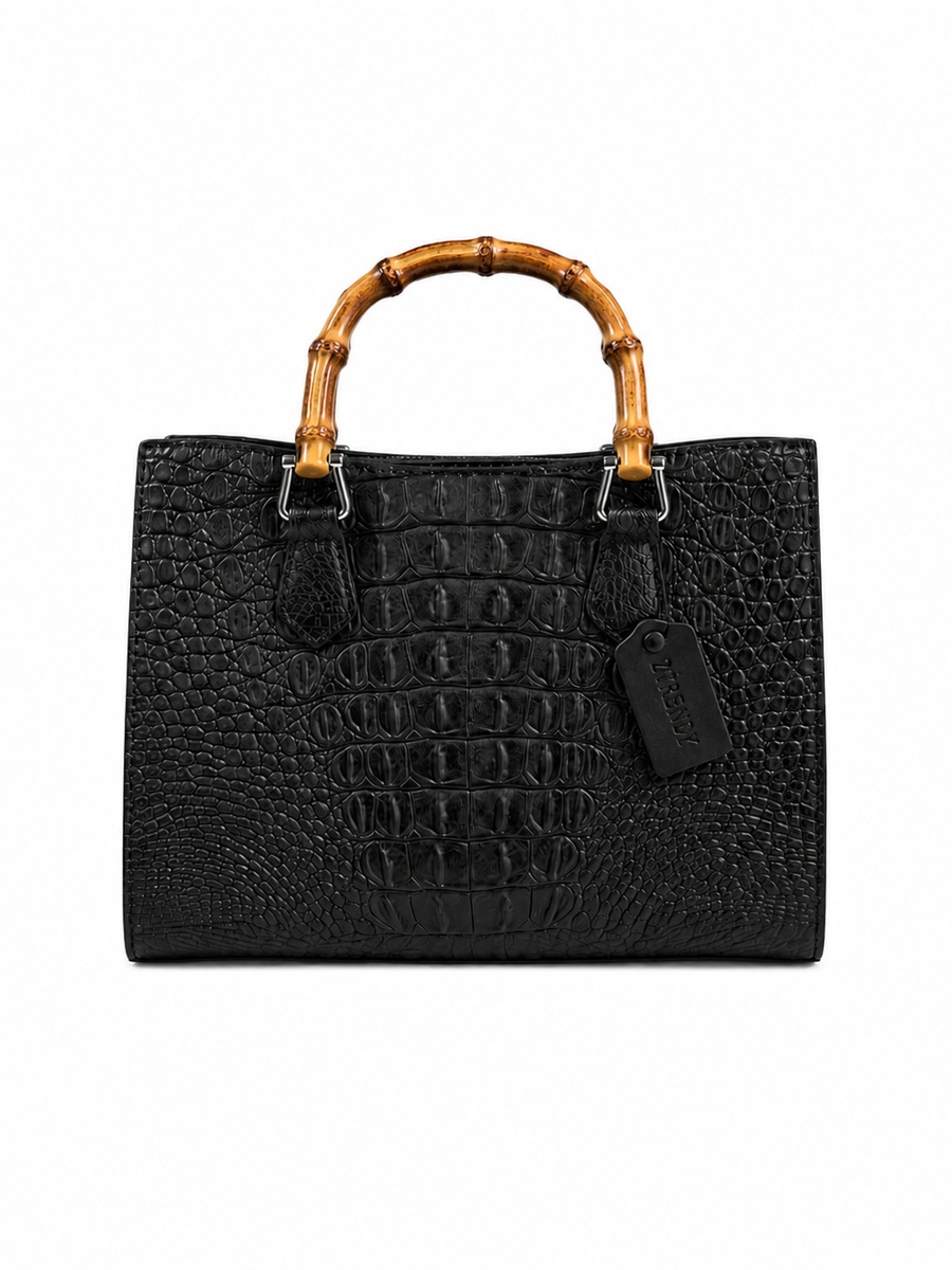 Black Top Handle Handbag with Bamboo Handle and Snake Texture