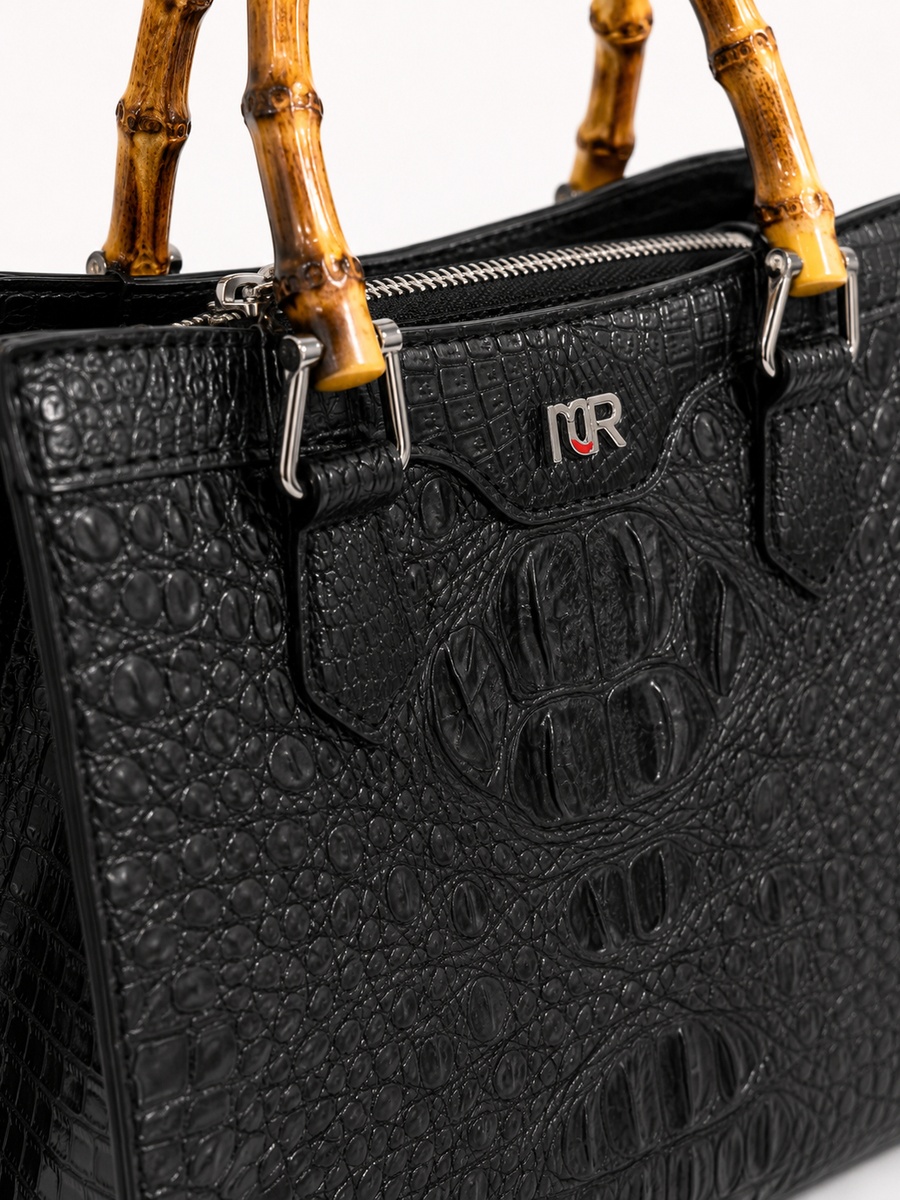 Black Top Handle Handbag with Bamboo Handle and Snake Texture