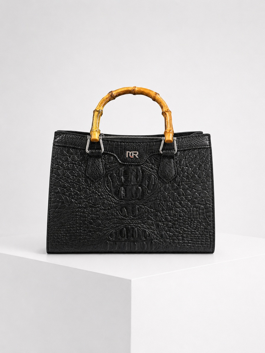 Black Top Handle Handbag with Bamboo Handle and Snake Texture