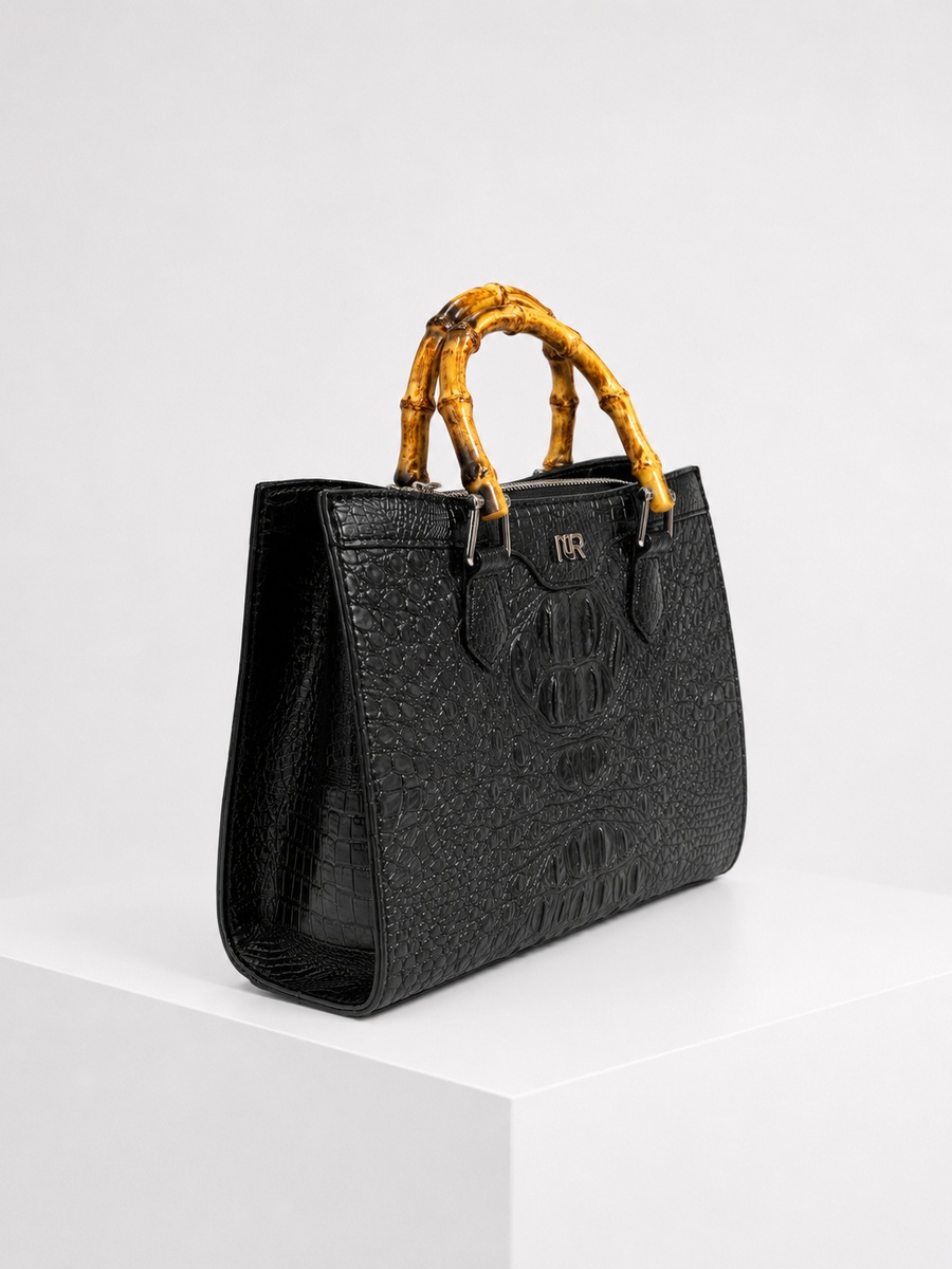 Black Top Handle Handbag with Bamboo Handle and Snake Texture