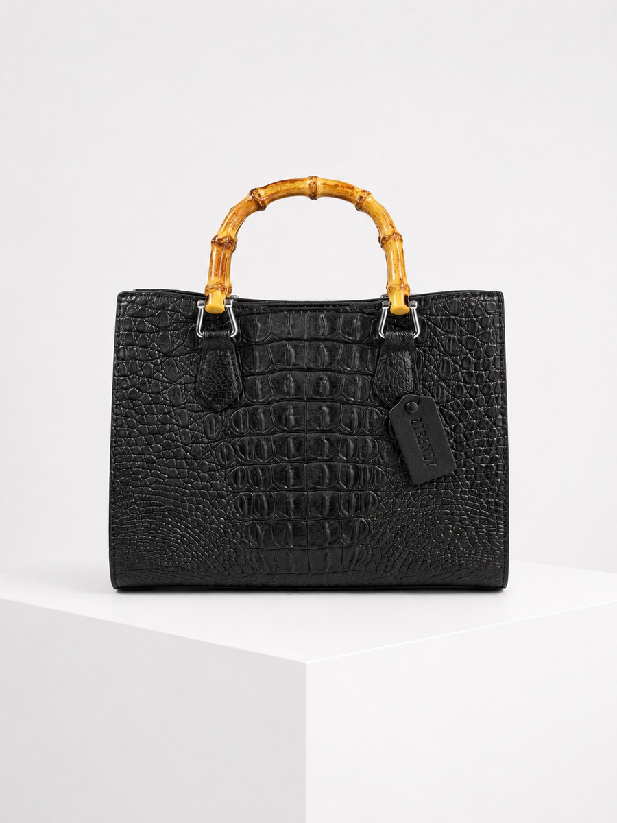 Black Top Handle Handbag with Bamboo Handle and Snake Texture