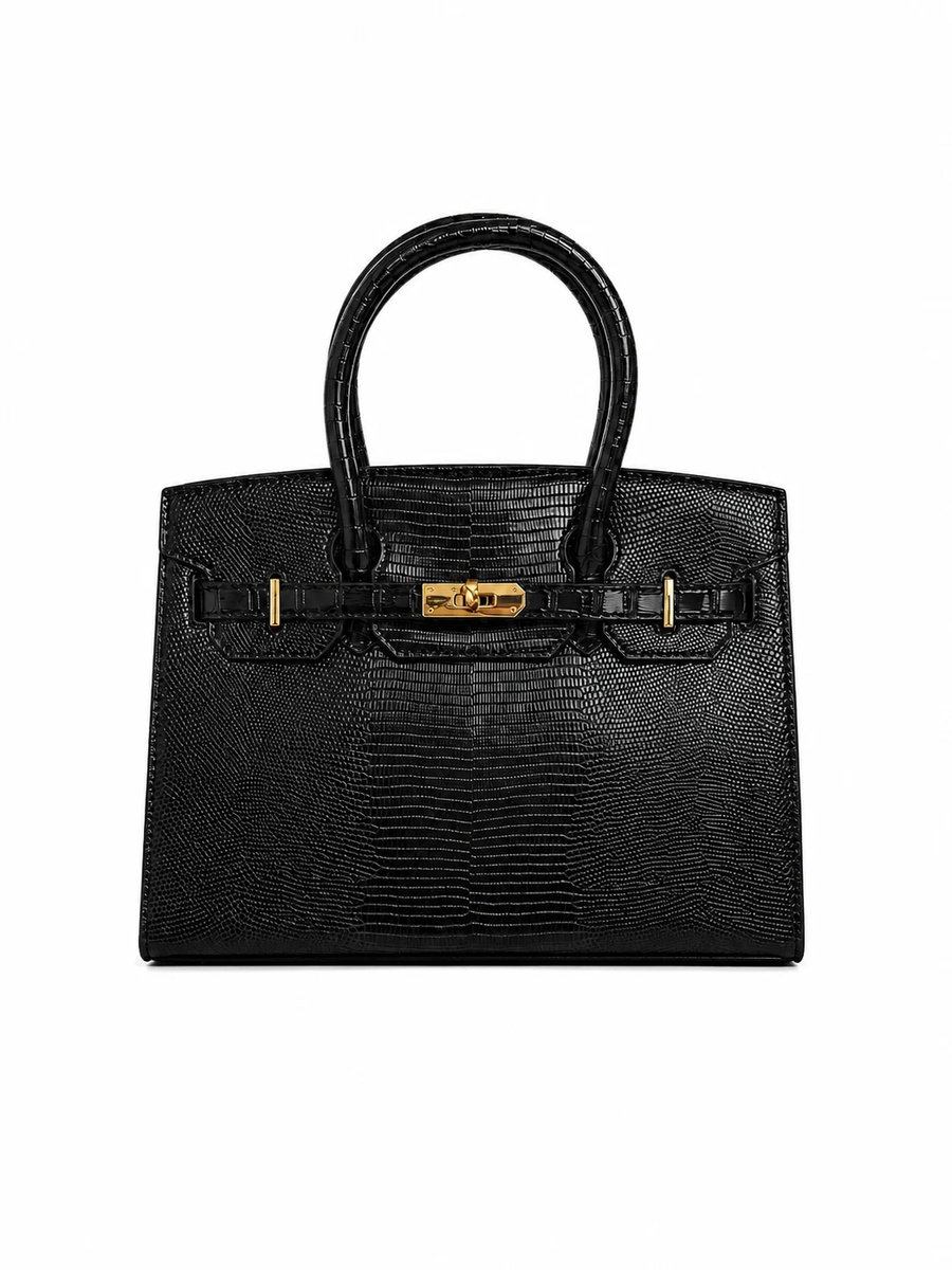 Black Snake-Texture Top Handle Handbag with Gold Lock