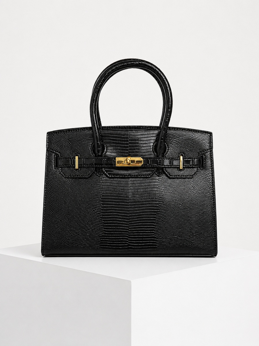 Black Snake-Texture Top Handle Handbag with Gold Lock