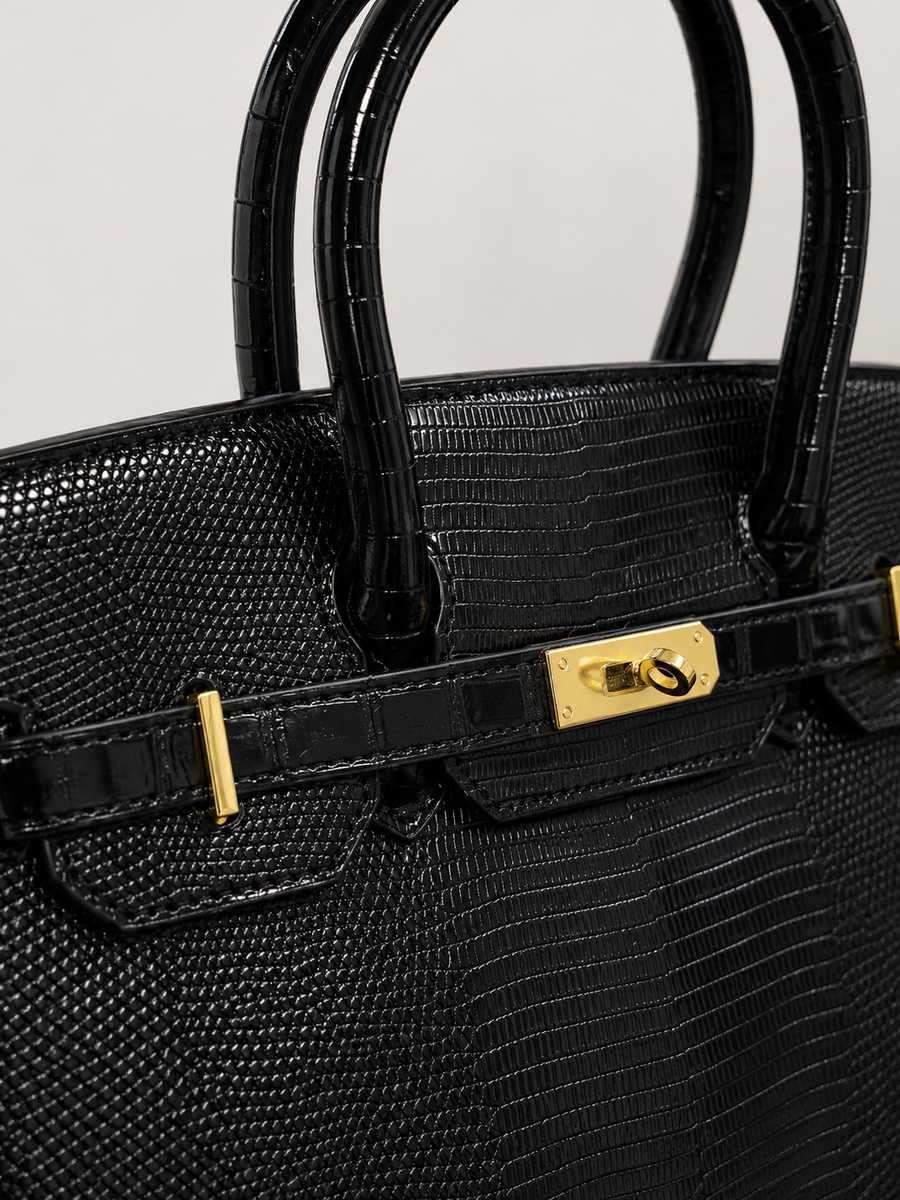 Black Snake-Texture Top Handle Handbag with Gold Lock