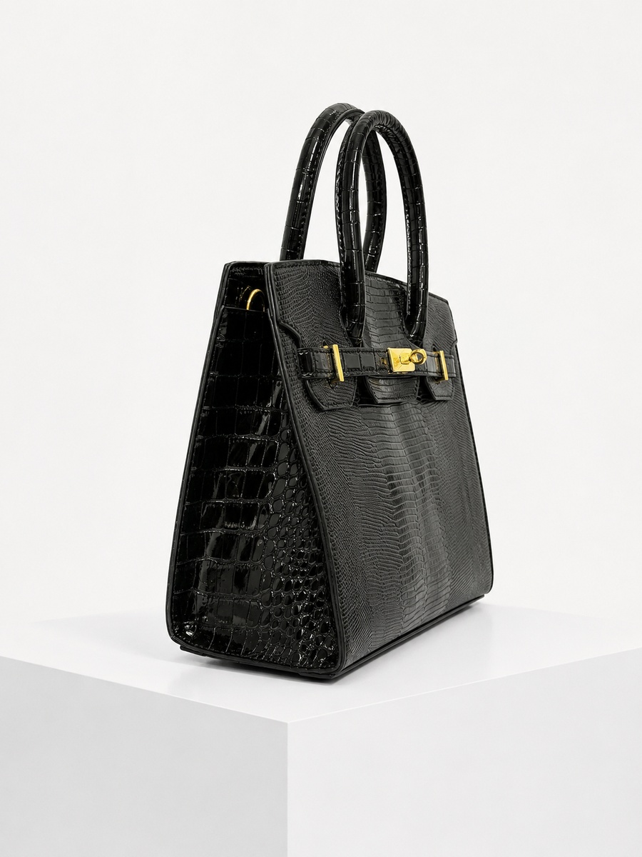 Black Snake-Texture Top Handle Handbag with Gold Lock