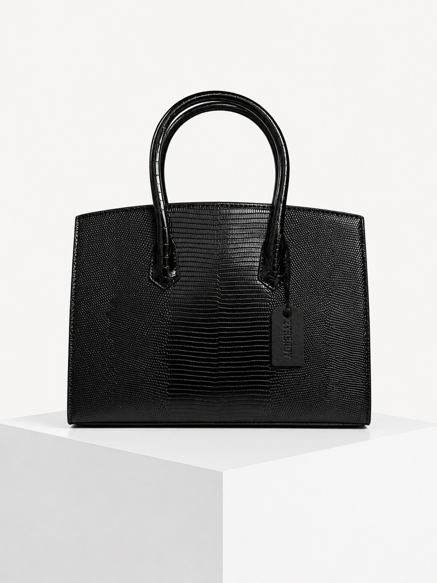 Black Snake-Texture Top Handle Handbag with Gold Lock