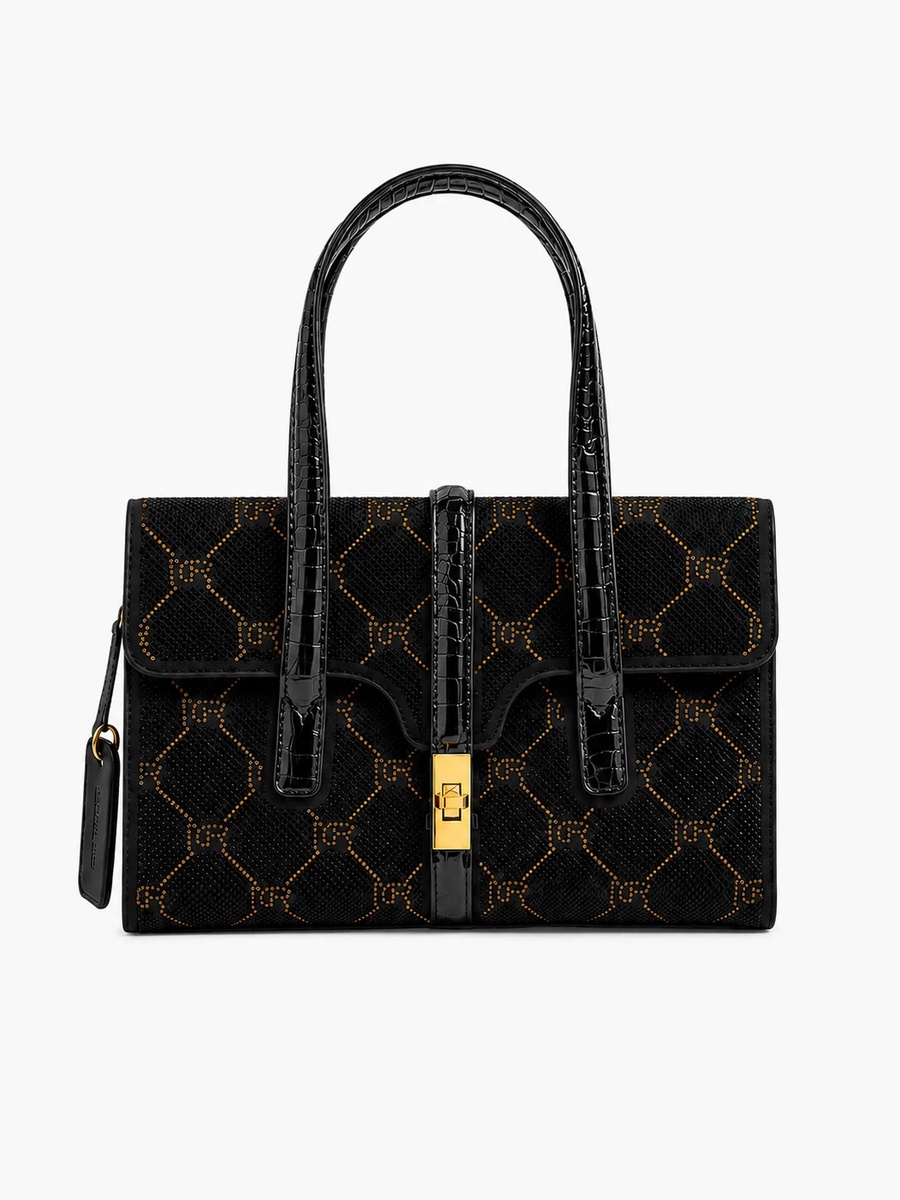 Black Patterned Top Handle Handbag with Gold Lock