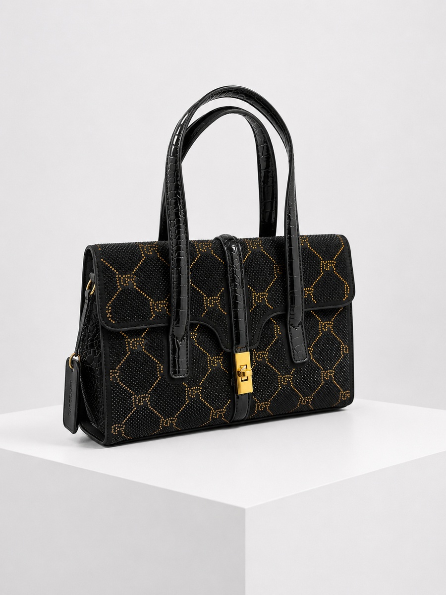Black Patterned Top Handle Handbag with Gold Lock