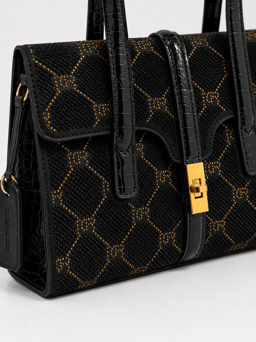 Black Patterned Top Handle Handbag with Gold Lock