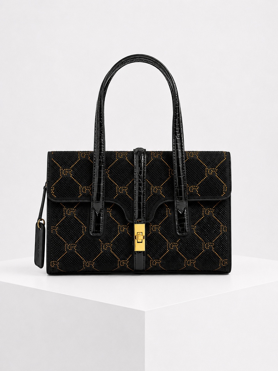 Black Patterned Top Handle Handbag with Gold Lock