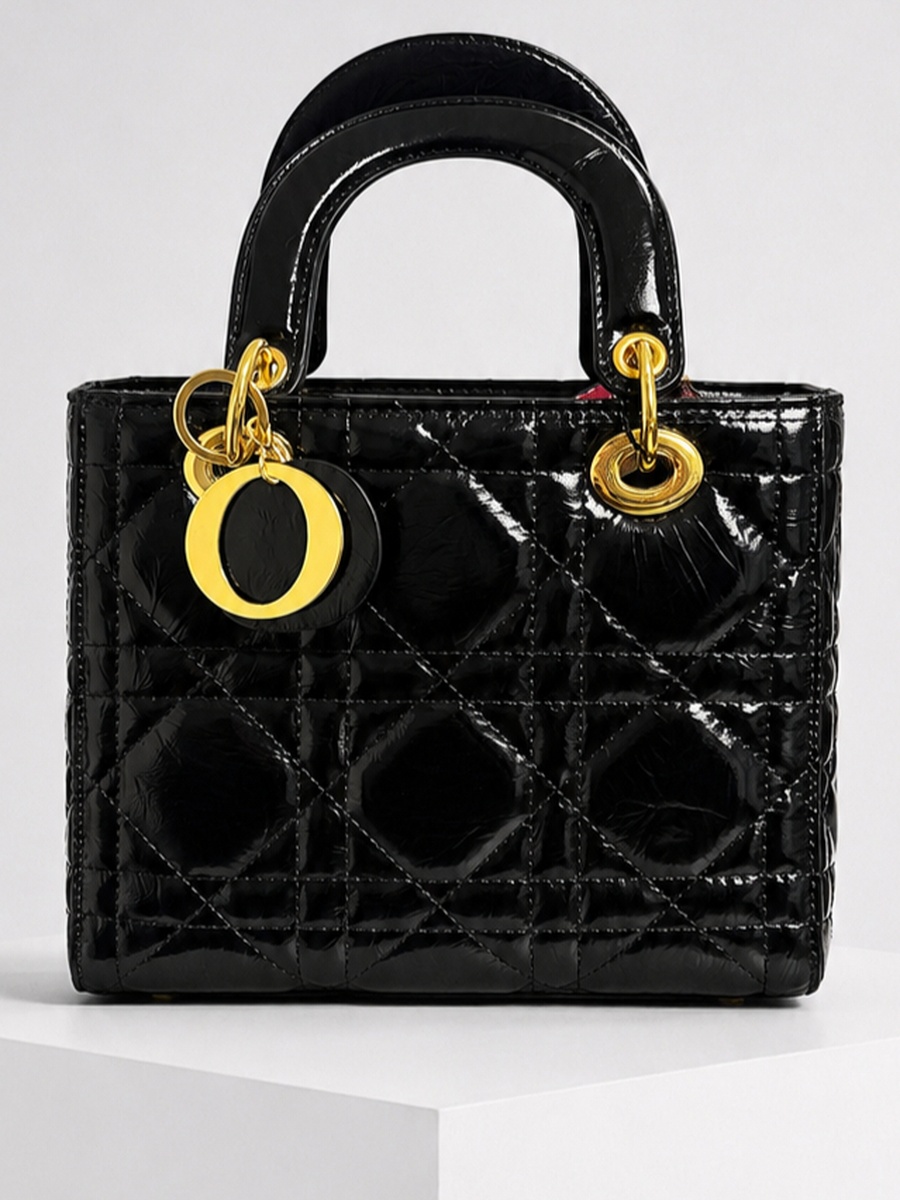 Black Quilted Top Handle Handbag with Rounded Handles