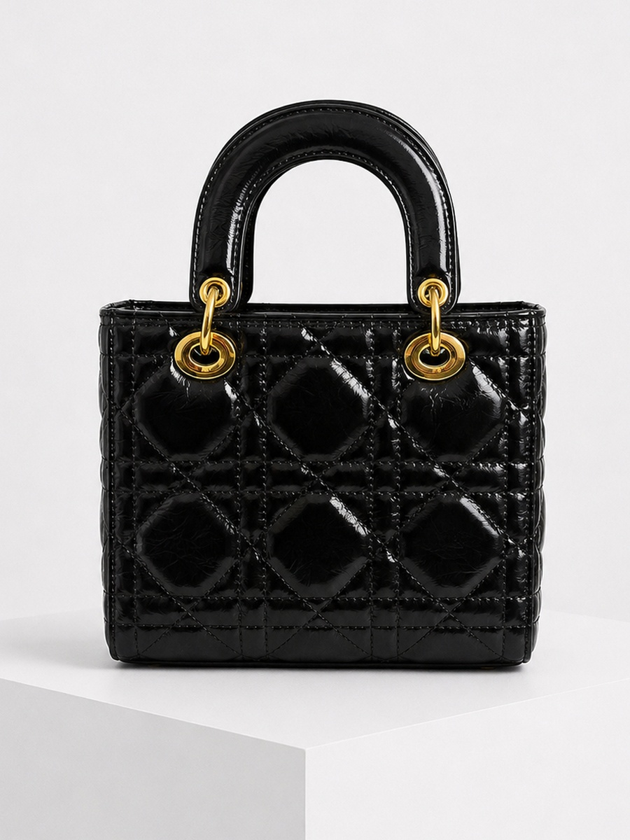 Black Quilted Top Handle Handbag with Rounded Handles