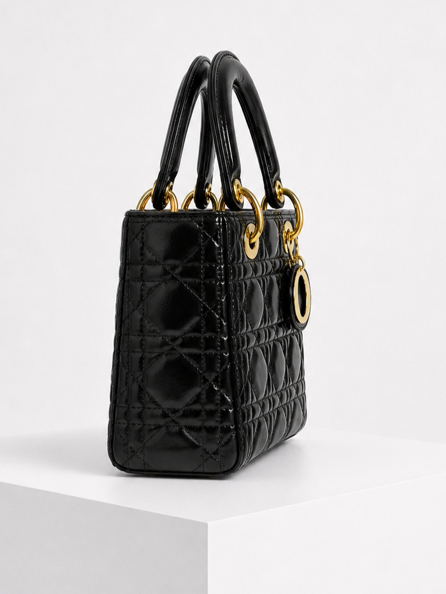 Black Quilted Top Handle Handbag with Rounded Handles
