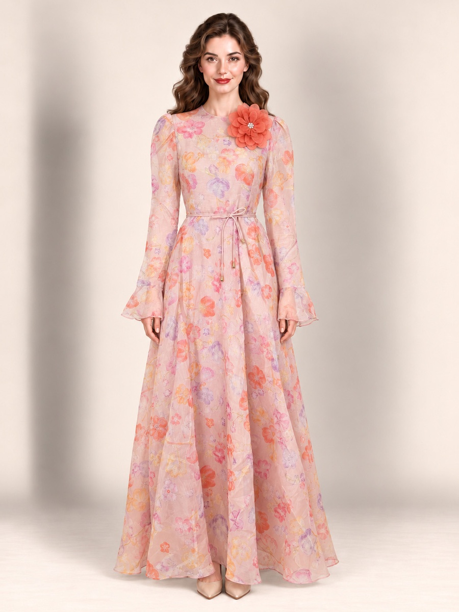 Pink Long Sleeve Floral Maxi Dress with 3D Flower Detail and Tie Waist