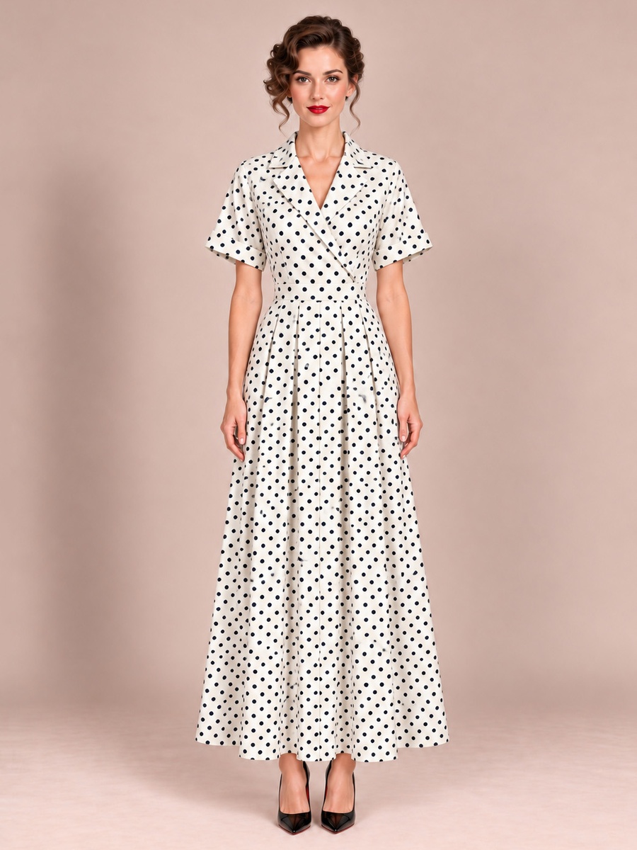 White Polka Dot Collared Maxi Dress with Wrap Bodice