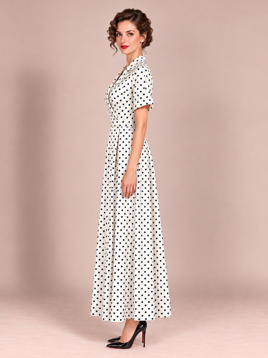 White Polka Dot Collared Maxi Dress with Wrap Bodice
